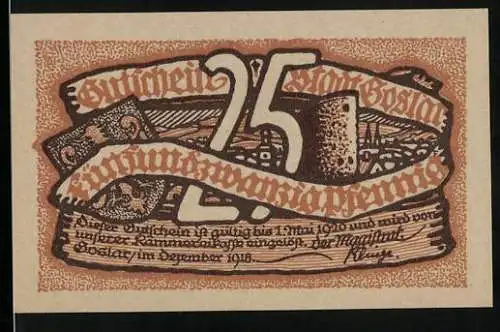 Notgeld Goslar 1918, 25 Pfennig, Ortsansicht mit Wappen