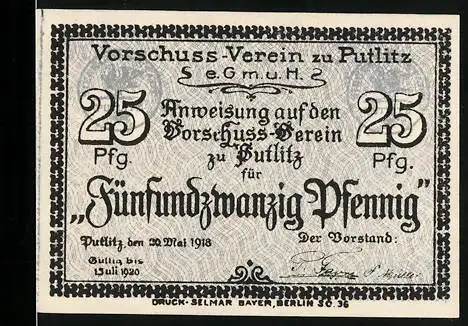 Notgeld Putlitz 1918, 25 Pfennig, Vorschuss-Verein zu Putlitz