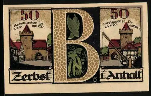 Notgeld Zerbst i. Anhalt 1921, 50 Pfennig, Ankuhnsches Tor, Wappen