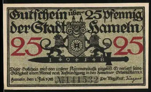 Notgeld Hameln 1918, 25 Pfennig, Wappen, Rattenfänger von Hameln