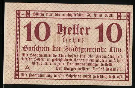 Notgeld Linz 1919, 10 Heller, Wappen der Stadt