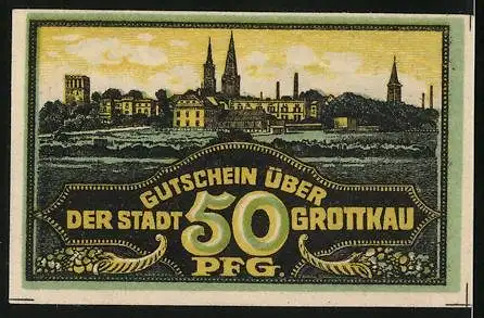 Notgeld Grottkau, 50 Pfennig, Ortsansicht im Panorama
