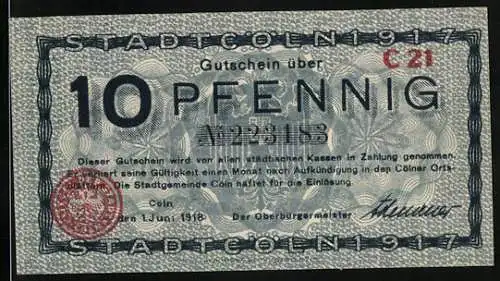 Notgeld Cöln 1917, 10 Pfennig, Rathaus mit Strassenpartie, Wappen