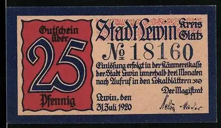 Notgeld Lewin /Kreis Glatz 1920, 25 Pfennig, Wappen und Stadtmauer