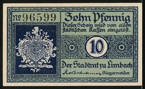 Notgeld Limbach i. Sa. 1919, 10 Pfennig, Wappen, Menschen bedanken sich bei Soldat