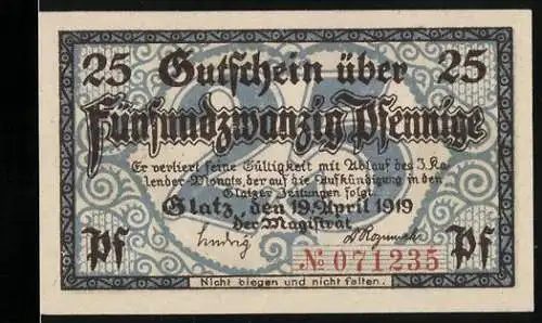 Notgeld Glatz 1919, 25 Pfennig, Altstadt und Festung