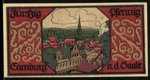 Notgeld Camburg a. d. Saale 1921, 50 Pfennig, Ortspartie und Heiligenbild