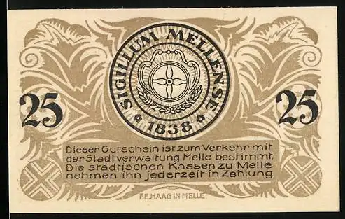 Notgeld Melle 1920, 25 Pfennig, Stadtsiegel