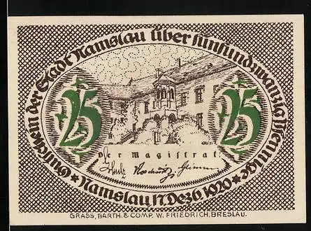 Notgeld Namslau 1920, 25 Pfennig, Blick auf das Rathaus