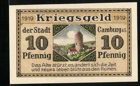 Notgeld Camburg a. S. 1919, 10 Pfennig, Blick auf einen Turm