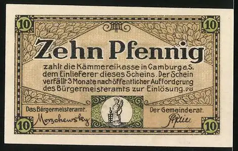 Notgeld Camburg a. S. 1919, 10 Pfennig, Blick auf einen Turm