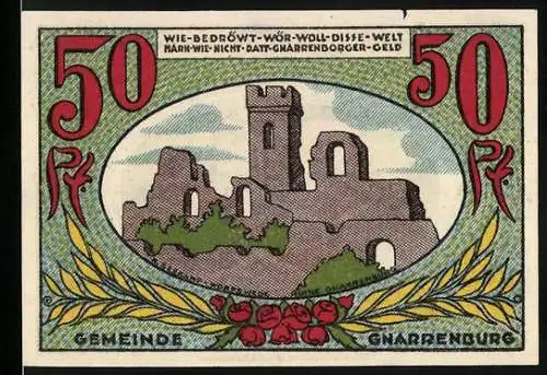 Notgeld Gnarrenburg, 50 Pfennig, Blick auf die Ruine