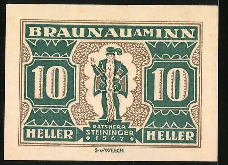 Notgeld Braunau am Inn 1920, 10 Heller, Ratsherr Steininger 1567