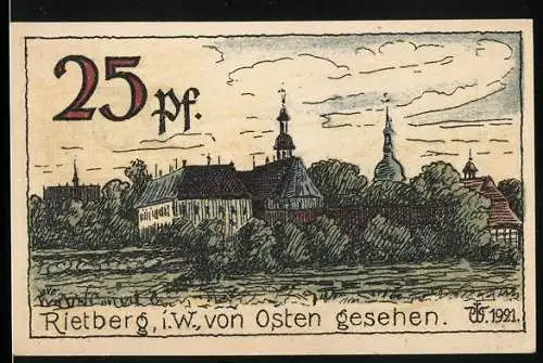 Notgeld Rietberg i. W. 1921, 25 Pfennig, Ortsansicht vom Osten aus