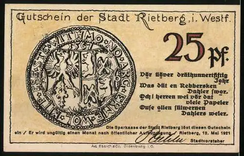 Notgeld Rietberg i. W. 1921, 25 Pfennig, Ortsansicht vom Osten aus