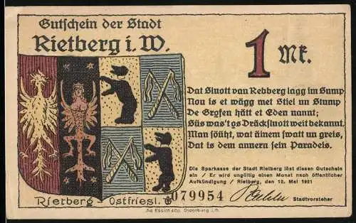 Notgeld Rietberg i. W. 1921, 1 Mark, Schloss Eden vor dem Abbruch
