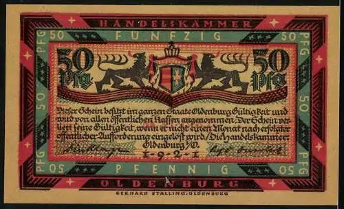 Notgeld Oldenburg 1921, 50 Pfennig, Dreimaster auf stürmischer See