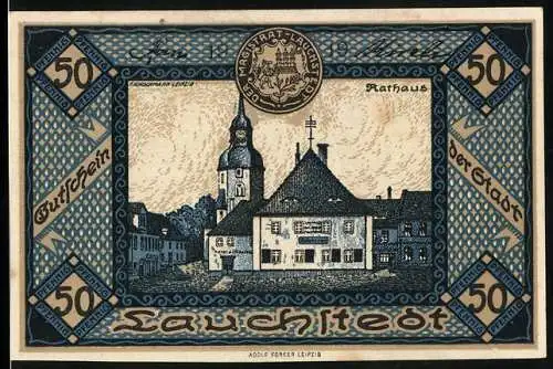 Notgeld Bad Lauchstedt 1919, 50 Pfennig, Das Rathaus und die Heilquelle im 18. Jahrhundert