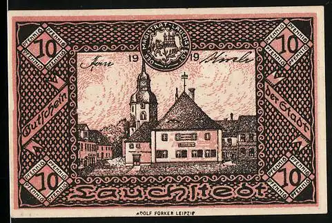 Notgeld Bad Lauchstedt 1919, 10 Pfennig, Das Rathaus und ein Blick in den Schlosshof