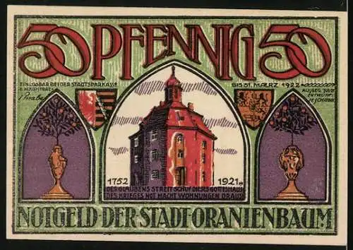 Notgeld Oranienbaum 1921, 50 Pfennig, Fürst Leopold von Anhalt, Gotteshaus