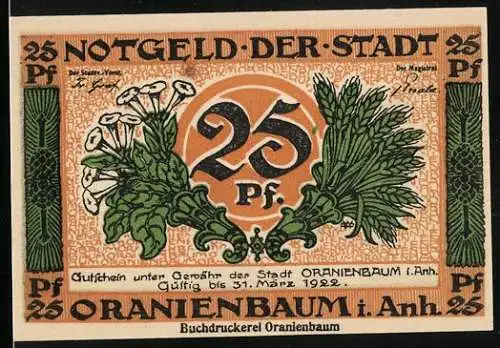 Notgeld Oranienbaum 1921, 25 Pfennig, Ortspartie an einer Brücke
