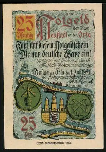 Notgeld Neustadt a. d. Orla 1921, 25 Pfennig, Partie am Rathaus