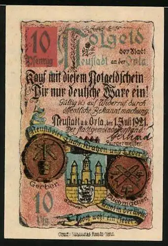 Notgeld Neustadt a. d. Orla 1921, 10 Pfennig, Blick auf das Rathaus