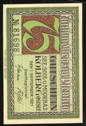 Notgeld Kolberg /Ostsee 1921, 75 Pfennig, Konterfei von Nettelbeck