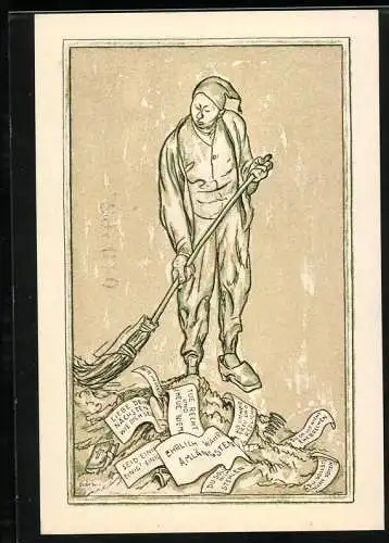 Notgeld Kahla 1921, 75 Pfennig, Mann im Pyjama fegt Müll auf