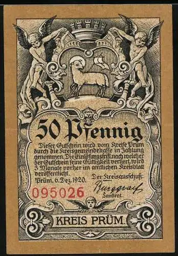 Notgeld Prüm 1920, 50 Pfennig, Die Abtei Prüm, goldene Kirche