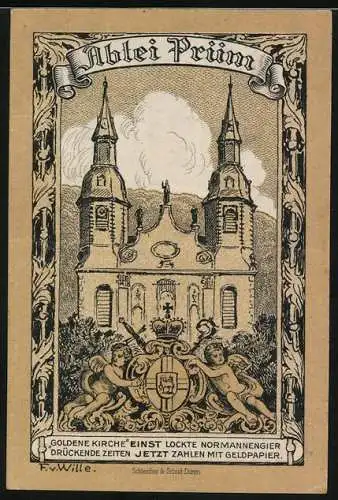Notgeld Prüm 1920, 50 Pfennig, Die Abtei Prüm, goldene Kirche