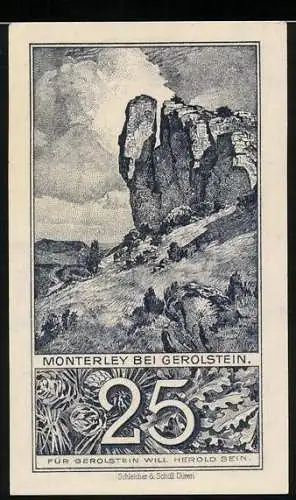 Notgeld Daun 1920, 25 Pfennig, Landschaftsbild mit Felsklippen, Monterley bei Gerolstein