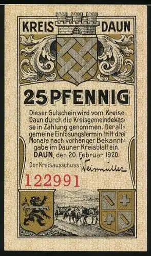 Notgeld Daun 1920, 25 Pfennig, Landschaftsbild mit Felsklippen, Monterley bei Gerolstein