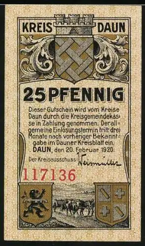 Notgeld Daun 1920, 25 Pfennig, Monterley bei Gerolstein mit Felsklippe