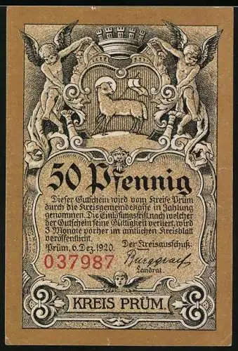 Notgeld Prüm 1920, 50 Pfennig, Blick auf die Abtei