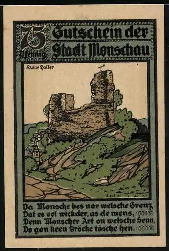 Notgeld Monschau 1921, 75 Pfennig, Die Ruine Haller