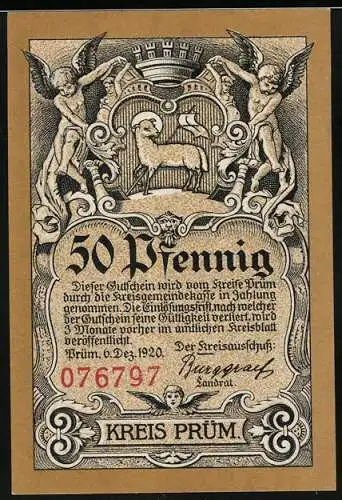 Notgeld Prüm 1920, 50 Pfennig, Die Abtei lockt mit dem Geldpapier