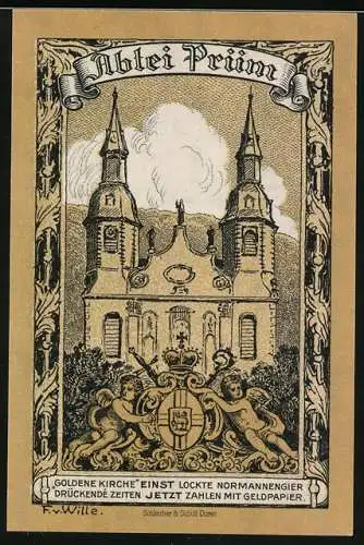 Notgeld Prüm 1920, 50 Pfennig, Die Abtei lockt mit dem Geldpapier