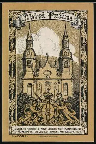 Notgeld Prüm 1920, 50 Pfennig, Die Abtei und das Wappen