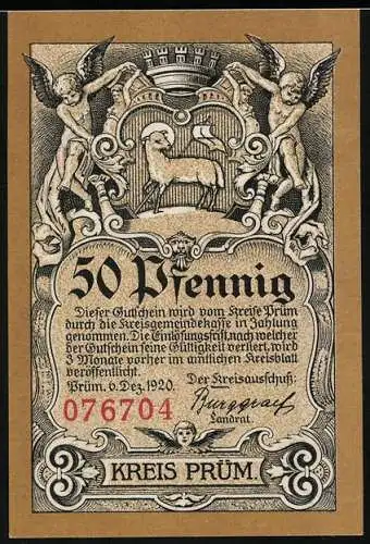Notgeld Prüm 1920, 50 Pfennig, Heiliges Schaf, die Abtei