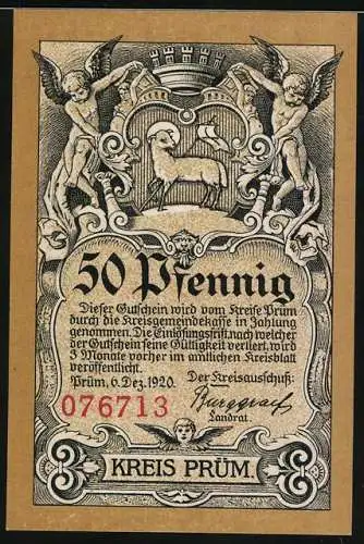Notgeld Prüm 1920, 50 Pfennig, Die Abtei und das Schaf mit Heiligenschein