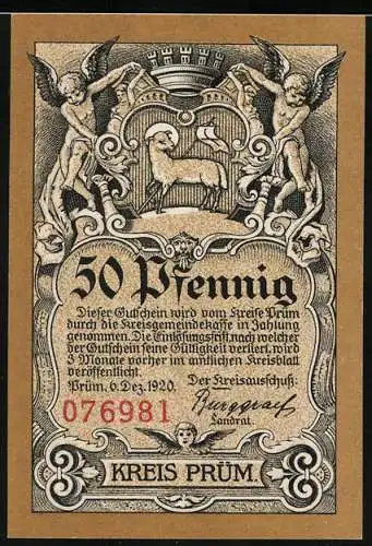 Notgeld Prüm 1920, 50 Pfennig, Schaf mit Heiligenschein, Abtei Prüm
