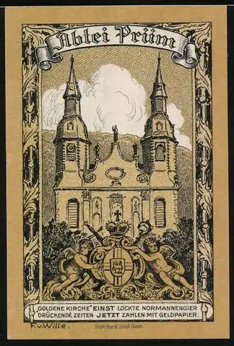 Notgeld Prüm 1920, 50 Pfennig, Schaf mit Heiligenschein, Abtei Prüm