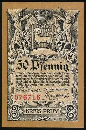 Notgeld Prüm 1920, 50 Pfennig, Die Abtei Prüm und das Notgeld