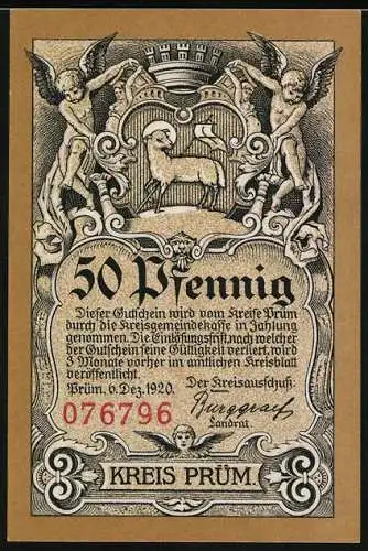 Notgeld Prüm 1920, Zweitürmige Abtei und das Schaf mit Heiligenstein