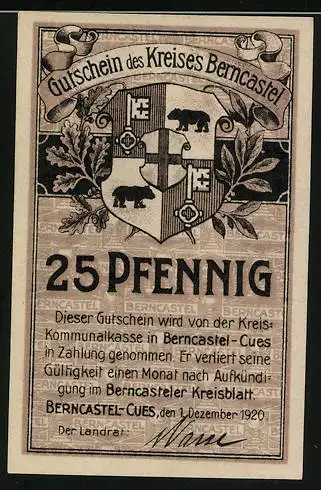 Notgeld Berncastel-Cues 1920, 25 Pfennig, Der Stumpfe Turm in Hunsrück