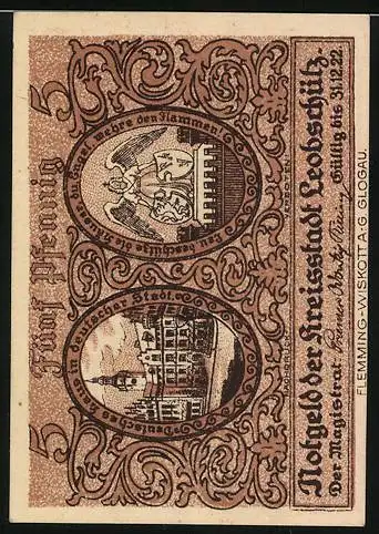 Notgeld Leobschütz 1922, 5 Pfennig, Karte mit Leobschütz, Deutschland unteilbar