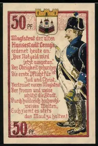 Notgeld Lemgo 1921, 50 Pfennig, Gesamtansicht, Magistrat in Uniform