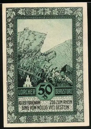 Notgeld Lorch 1921, 50 Pfennig, Ortschaftspanorama am Fluss, Lorcher Bergsturz