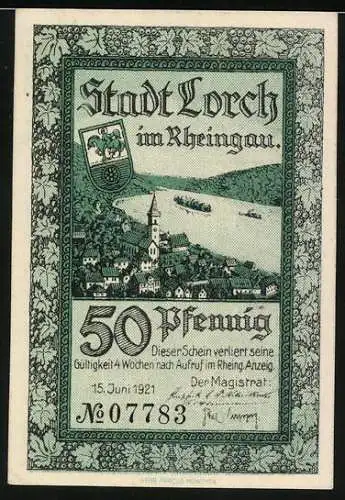 Notgeld Lorch 1921, 50 Pfennig, Ortschaftspanorama am Fluss, Lorcher Bergsturz